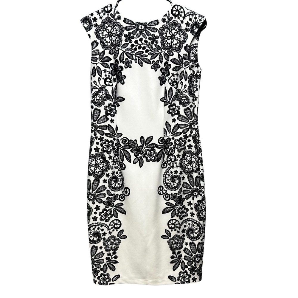 Liz Claiborne Sheath Dress Womens 4 White Black Floral Minimalist‎ Classic